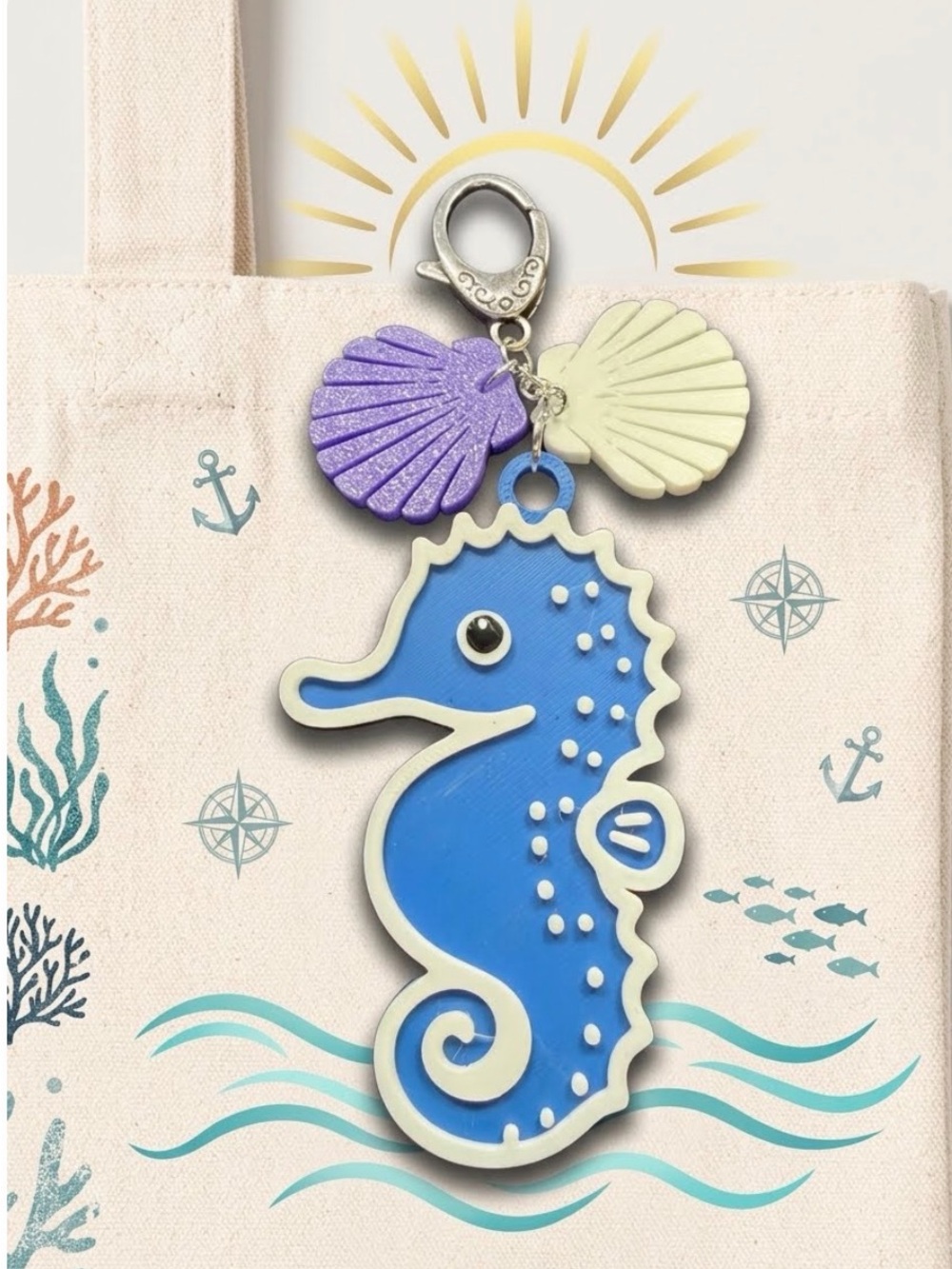 Hand Crafted 3D Printed Blue Seahorse Bag Charm Purple and White Shells NWOT - Picture 1 of 2